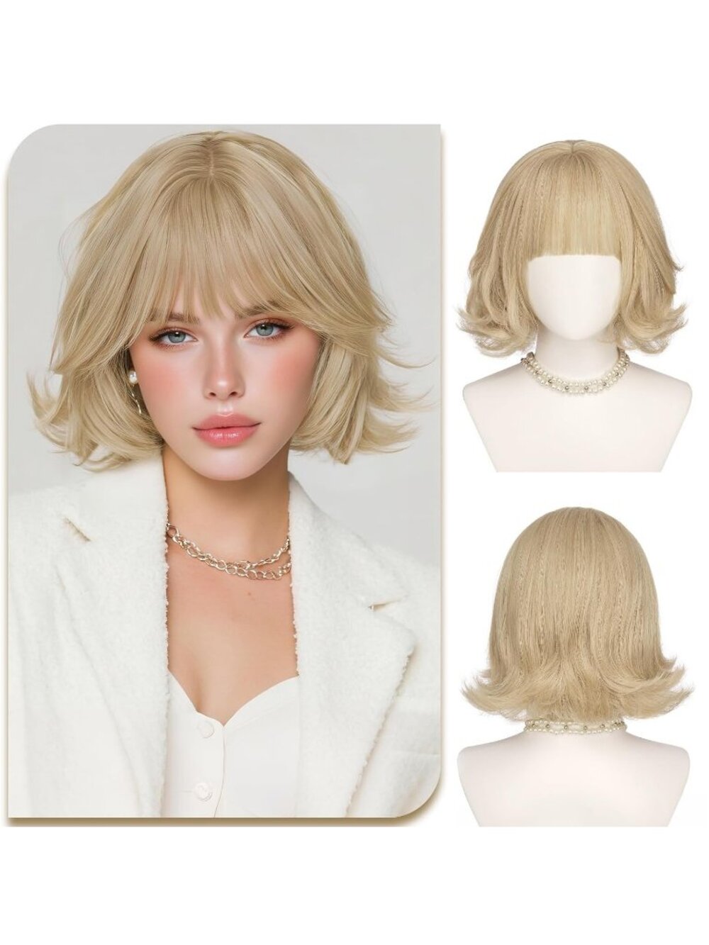 12 Inch Women's Butter Blonde Layered Synthetic Bob Wig Natural Looking Bangs